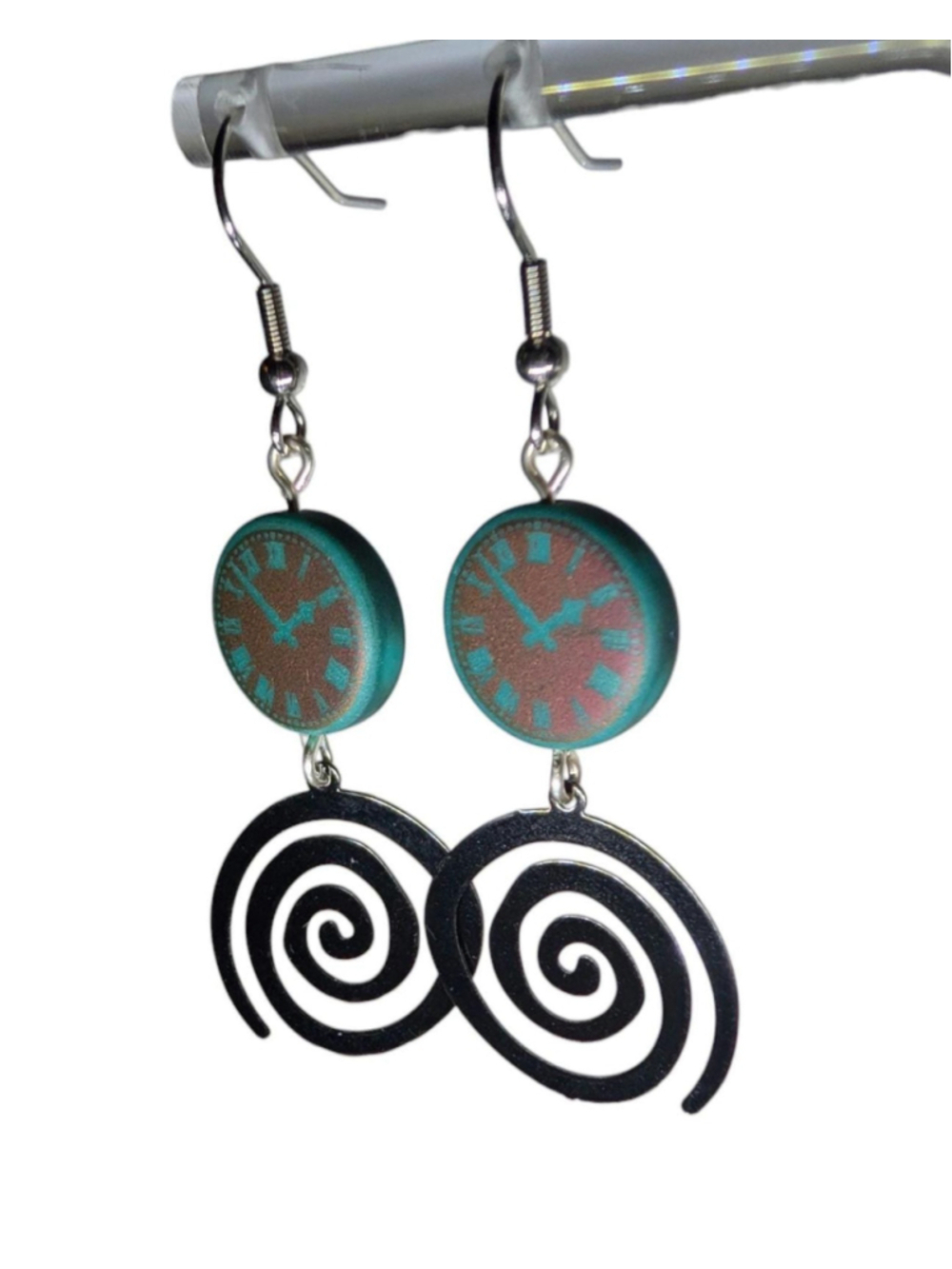 Time Travel Clock Earrings, Timey Wimey Jewelry, Czech Glass Clock Dangle - Picture 3 of 6